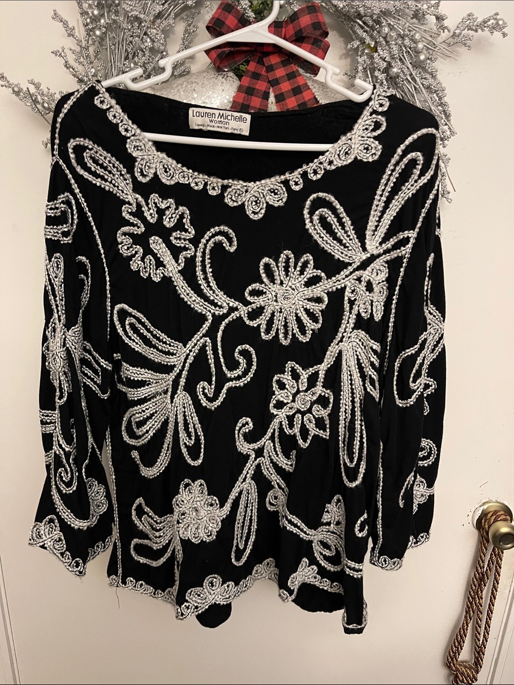 Lauren Michelle Black Long-Sleeve Beaded Floral Tunic